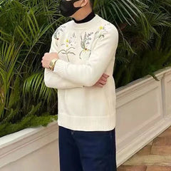 Hearujoy Mens Floral Embroidered Knitted Sweater 2024 New Genderless Fashion Youth Trend Versatile Simple Retro Knitted Sweater Unisex