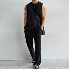 Hearujoy 2024 Summer Casual Suit Pleated Sleeveless Tank Tops Trousers Men's Sports Clothing Wrinkled Solid Vest Long Pants Two-Piece Set