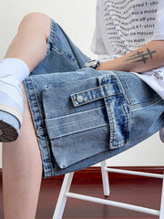 HEARUJOY - Summer Denim Cargo Shorts Men Flap Pockets Wide Leg Baggy Jeans Shorts Big Size 8XL 7XL 6XL Loose Fit Straight Jean Short Male