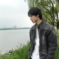 HEARUJOY - Punk Gray Denim Jacket Men's American Retro Heavy Industry Coat Metal Design Stand Collar Old Washed Short Spliced Street Jacket