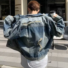 HEARUJOY - High Street Washed Denim Jacket Mens Trends New Spring Streetwear Single Breasted Casual Hip Hop Coats Loose Cowboy Outwear