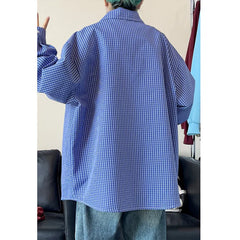 HEARUJOY - Long Sleeved Shirt Men Oversized Casual Plaid Shirt Men Streetwear Korean Loose Blue Casual Shirt Mens Shirts Plus Size 5XL