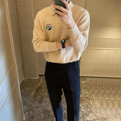 Hearujoy Mens Embroidered Knitted Sweater 2024 New Genderless Fashion Versatile Youth Retro Solid Color Lapel Knitted Sweater Unisex