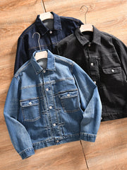 HEARUJOY - Amekaji High Quality Autumn and Winter Style Men's Denim Jacket Couple's Lapel Retro Washed Workwear Coat Trendy