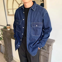 HEARUJOY - American Vintage Men's Denim Shirt Safari Style Double Pocket Lapel Long Sleeve Top Spring Autumn Fashion Streetwear Shirts Male
