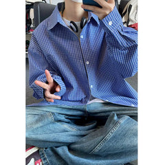 HEARUJOY - Long Sleeved Shirt Men Oversized Casual Plaid Shirt Men Streetwear Korean Loose Blue Casual Shirt Mens Shirts Plus Size 5XL