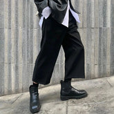 Hearujoy Mens Dark Style Casual Wide Leg Cropped Pants 2024 New Genderless Fashion Versatile Thin Retro Solid Color Suit Pants Unisex