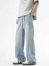HEARUJOY - Summer Men's Lightweight Jeans Korean Fashion Breathable Cotton Drawstring Wide-Leg Baggy Denim Pants Straight Jean Trousers