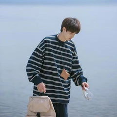 HEARUJOY - Men Autumn 2026 Striped Long Sleeve T Shirt Versatile High Street Embroidered Loose Trendy Casual Top