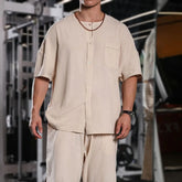 HEARUJOY - T Shirt Mens Gym Daily Simple Pocket Button Five Point Sleeve Shirt Sports Outdoor Breathable Linen Easy Fit Casual Top Summer