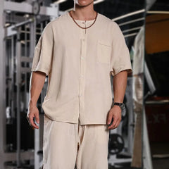 HEARUJOY - T Shirt Mens Gym Daily Simple Pocket Button Five Point Sleeve Shirt Sports Outdoor Breathable Linen Easy Fit Casual Top Summer