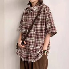 HEARUJOY - Plaid Shirt For Men Casual Couple Loose Mens Shirt Polyester Fabric Slight Stretch All Seasons Applicable Male