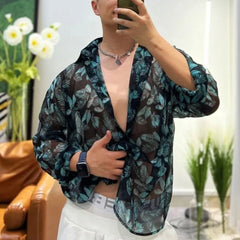 Hearujoy Mens Sexy Floral Mesh See-Through Casual Long-Sleeved Shirt Genderless Fashion Versatile Personalized Lightweight Top Unisex