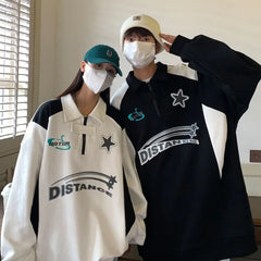 Hearujoy Korean Fashion Polo Shirt Spring and Fall Streetwear Long-sleeved Half-zip Printed Sweatshirt Men Retro High Street Coat Blouse