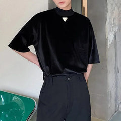 Hearujoy 2024 Summer Velvet Stand-up Collar Short-sleeved Men's T-shirt Personality Triangle Logo Trend Loose Top Ruffian Handsome Retro