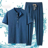 HEARUJOY - Summer New Loose Two Piece Set Men's Short-sleeved T-shirt Pants Korean Wrinkle Sports Casual Suit Trend Men Clothes