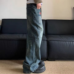 HEARUJOY - Korean Version Retro Letter Printed Jeans For Men Loose Straight Leg Wide Leg Pants High Street Hip-Hop Design Casual Pants