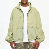 Hearujoy Vintage Washed Zipper Hooded Denim Jacket for Men and Women Cleanfit Streetwear Lapel Windbreaker Autumn Jeans Coat Oversized