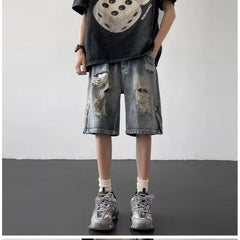 HEARUJOY - Men's New Zipper Slit Loose Straight-tipped Casual Five-point Ripped Denim Shorts