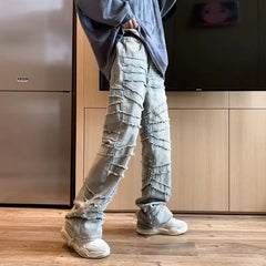 HEARUJOY - Y2K Streetwear Washed Blue Baggy Stacked Jeans Pants For Men Clothing Straight Old Hip Hop Denim Trousers Pantalones Hombre