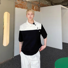 Hearujoy Korea Fashion Streetwear Spring Diagonal Lapel Tank Tops Contrasting Color Men's Women’s Sleeveless Sweater tank top men