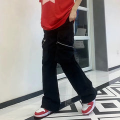 HEARUJOY - Y2K New Fashion Zipper Pockets Black Baggy Cargo Jeans Pants For Men Clothing Straight Hip Hop Long Trousers Pantaloni Uomo