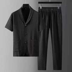 HEARUJOY - 2Pcs Set Summer Men Casual Sports Suit Fashion Geometry Pattern Man Short Sleeve Blazer Shirt Top+Pants Business High End Outfit