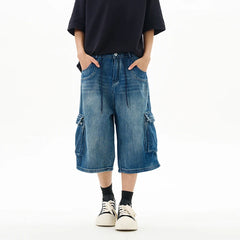 HEARUJOY - Summer Thin Washed Loose Multi-pocket Denim Cropped Pants For Men High Street Straight Distressed Street Wide-leg Jeans Shorts