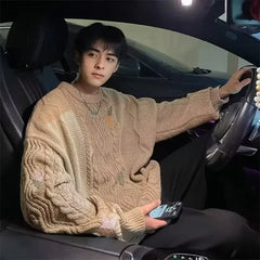 HEARUJOY - Retro Japanese Style Knitted Sweater for Men with Braided Design And Embroidery Oversize Lazy Style New Autumn Winter Collection