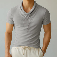 HEARUJOY - Men T Shirt Solid Color Drawstring Turtleneck Short Sleeve Male Tee Tops Streetwear Summer Fashion Men Clothing