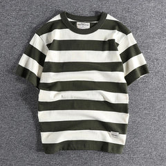 HEARUJOY - Summer Casual Stripe Short Sleeve T Shirt Streetwear American Styles Heavyweight Men's Cotton Loose Half Sleeve Tops Tee