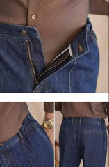 HEARUJOY - Vintage Cotton Men Jeans Suit Pants Elastic High Waisted Straight Trousers British Business Style Casual Naples Denim Pant