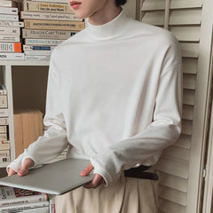 HEARUJOY - Korean Street Fashion Half Turtleneck Solid Color Long-Sleeved T-Shirt Mens Autumn Winter Pure Cotton Casual Bottoming Shirt Men