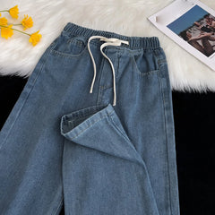 HEARUJOY - Men Vintage Korean Casual Pants High Street Hip Hop Straight Wide Leg Jeans Male Drawstring Streetwear