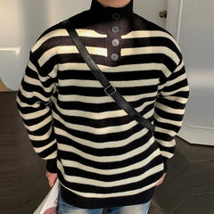 HEARUJOY - Fall Winter Daily Casual Men's Sweater Stylish Striped Crochet Knitted Pullover Men Fashion Turtleneck Buttoned Sweaters