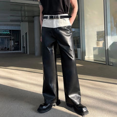 Hearujoy Mens Genderless Biker Black White Spliced Leather Pants Sexy Nightclub Contrast Color High Waisted Straight Leg Leather Pants