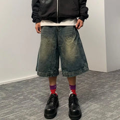 HEARUJOY - American Retro Blue Denim Shorts Men Korean Style High Waist Loose Straight Jeans Summer Chic Streetwear Knee-length Pant New