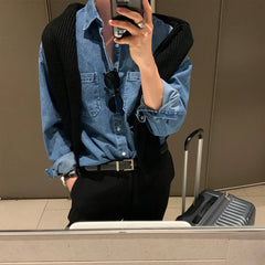 HEARUJOY - Men Denim Long Sleeve Shirt High End Outfit British Yuppie Style Shirt Spring Autumn New Versatile Outerwear