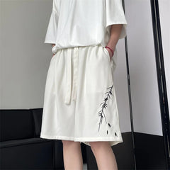 Hearujoy Leaf Embroidery Casual Shorts Men Summer Basic Simple Loose Hip Hop Streetwear Chinese style Leisure Shorts White/Black 5XL-M