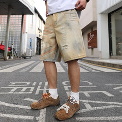 HEARUJOY - Yellow mud-dyed, washed and worn-out holes straight denim cropped pants. Retro men's summer straight thin shorts are fashionable