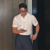 HEARUJOY - Men's Clothing Luxury Korean Popular Hollow Out Polo Shirt Leisure V Neck Short Sleeve Solid Color Retro Streetwear Knitwear