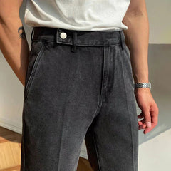 Hearujoy Mens French Slim Fashion Distressed High Waist Jeans Genderless Retro Solid Color Denim Straight Leg Casual Nine-Point Pants