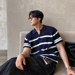 HEARUJOY - Twist striped knitted polo shirt short-sleeved men's Korean style slim and versatile casual lapel T-shirt trendy