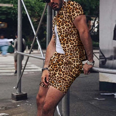 HEARUJOY - Summer Men's Fashion Leopard Print Sets Elegant Social Shirt + Shorts Two Piece Set Luxury Men Outerwear Suit