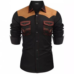 HEARUJOY - Men's Western Shirt, Long-sleeved Denim Shirt, Men's Casual Buttoned Color-blocked Shirt Top