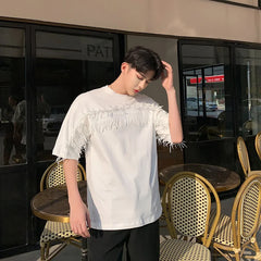 Hearujoy South Korea Street Dress Round neck pullover Short-sleeved T-shirt Men's summer tassel loose casual five-point T-shirt
