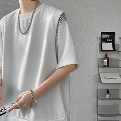 Hearujoy Fake Two Piece Striped Patchwork T-shirts Loose Mens Streetwear Casual  T Shirt 2024 Summer Short Sleeves Tshirt Tee Tops