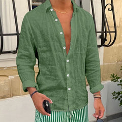 HEARUJOY - Men Seaside Beach Vintage Solid Cardigans Top Spring New Casual Linen Shirts Mens Long Sleeve Button-up Turn-down Collar Shirt