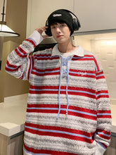 Hearujoy Polo Collar Striped Knit Sweater for Men Spring Autumn Japanese Retro Vintage Loose Fitting Couple Lazy Sweater
