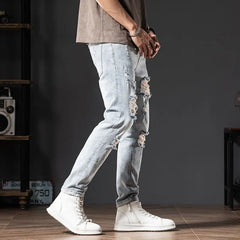 HEARUJOY - Beggar Streetwear Hole Slim Men Summer Korean Chic Small Feet Locomotive Light Blue Elastic Casual High Street Distressed Jeans